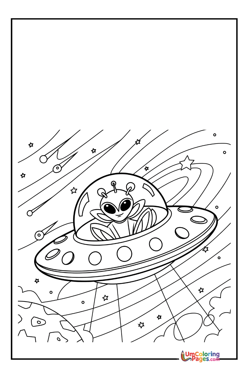 Alien UFO coloring page 2 - free printable PDF