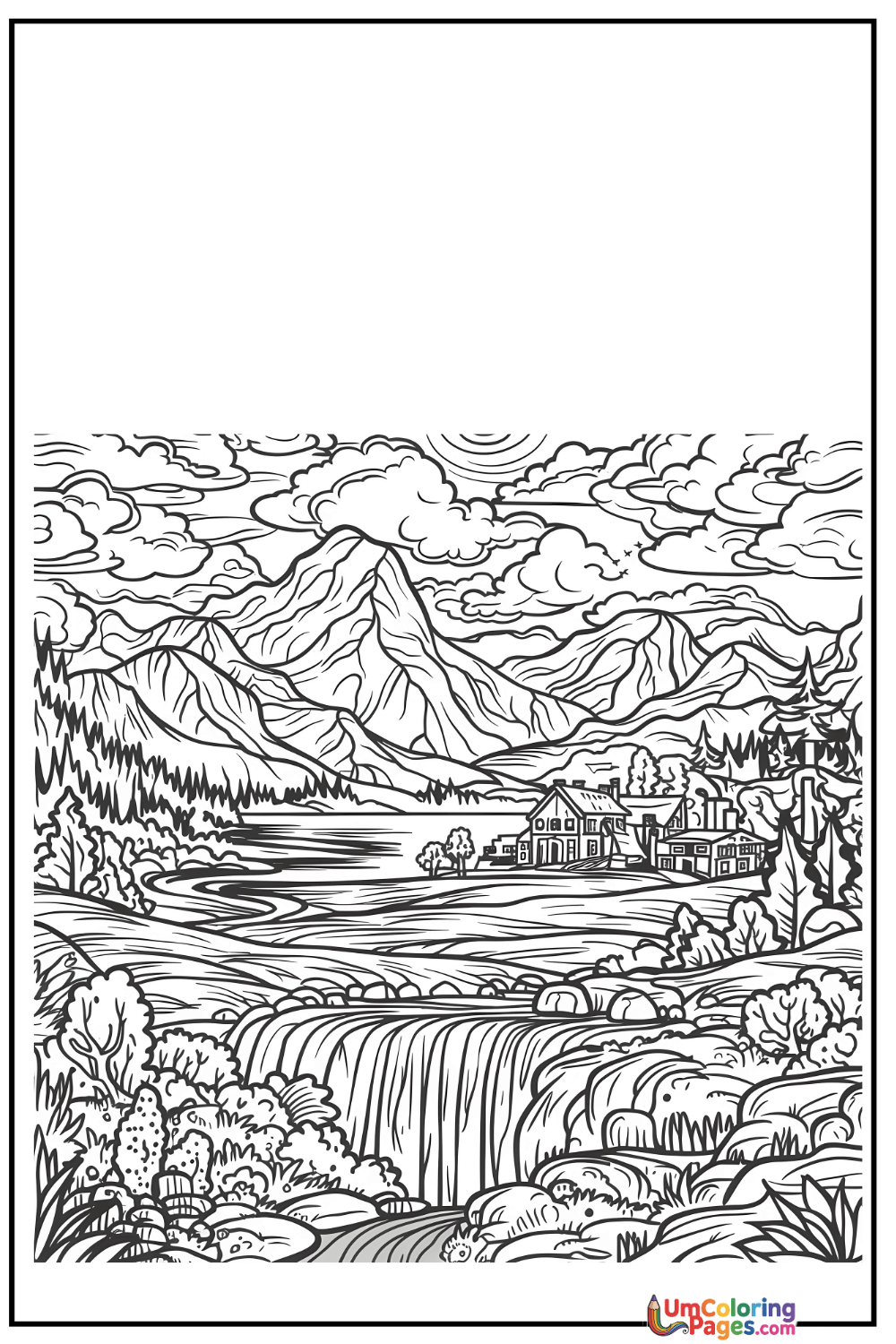 Waterfall coloring page 2 - free printable PDF